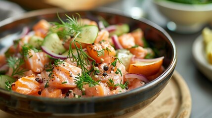 Bowl gravlax dish cured salmon typically served with dill cucumber