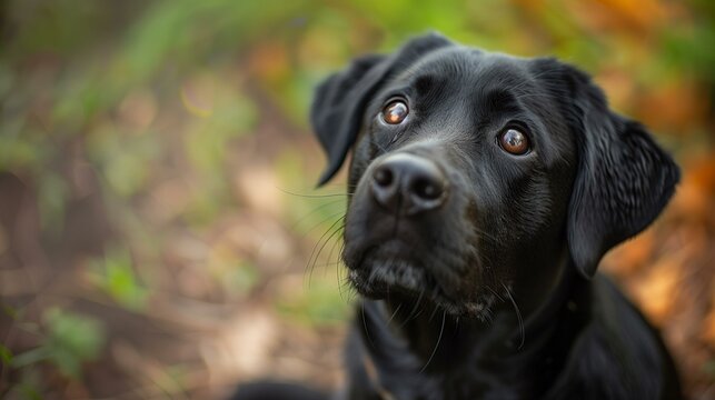 Black labrador retriever sits in forest