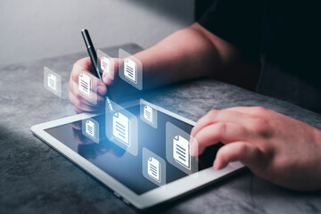 Woman use digital tablet for online document management system. DMS concept. FTP (File Transfer Protocol). Cloud computing technology.