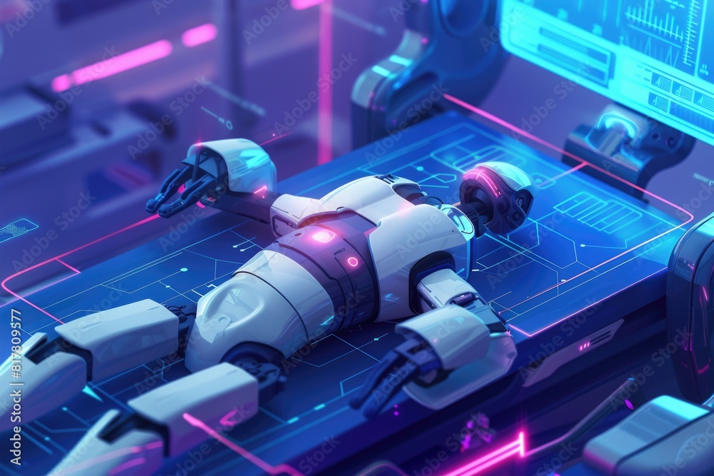 Poster A robot laying on a computer keyboard. Suitable for technology concepts
