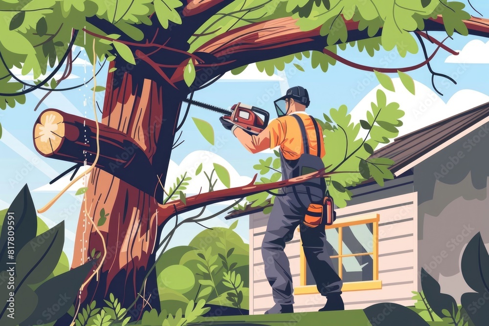 Aufkleber a man using a chainsaw to cut down a tree. suitable for forestry and lumber industry concepts