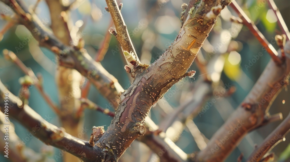 Poster detailed close up of a tree branch. suitable for nature and botanical themes