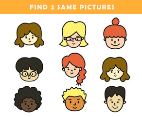Find two same pictures. Puzzle game for children. 
Printable worksheet. Preschool worksheet activity for kids. Educational game.