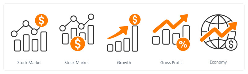 A set of 5 Banking icons as stock market, growth, gross profit
