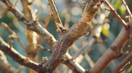 Detailed close up of a tree branch. Suitable for nature and botanical themes