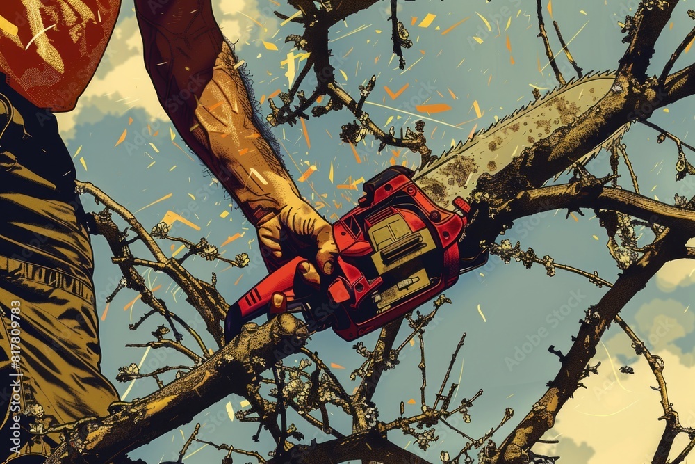 Aufkleber a man using a chainsaw to cut down a tree. suitable for forestry or lumber industry concepts