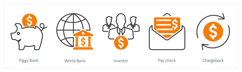 A set of 5 Banking icons as piggy bank, world bank, investor