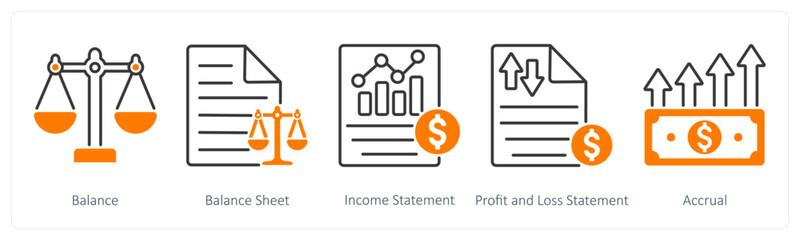 A set of 5 Banking icons as balance, balance sheet, income statement