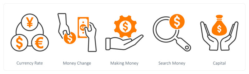 A set of 5 Banking icons as currency rate, money change, money making
