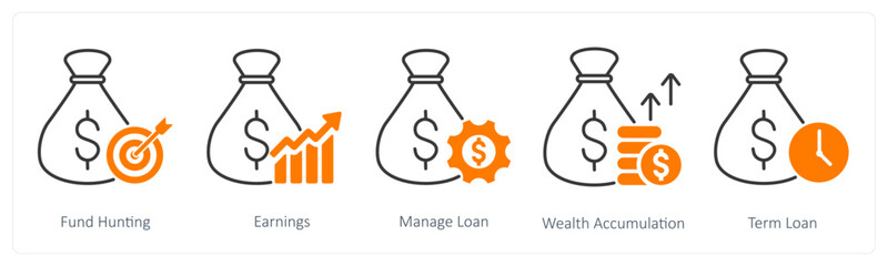 A set of 5 Banking icons as fund hunting, earnings, manage loan