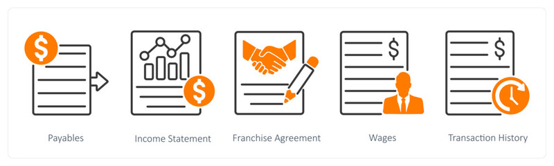 A set of 5 Banking icons as payables, income statement, franchise agreement