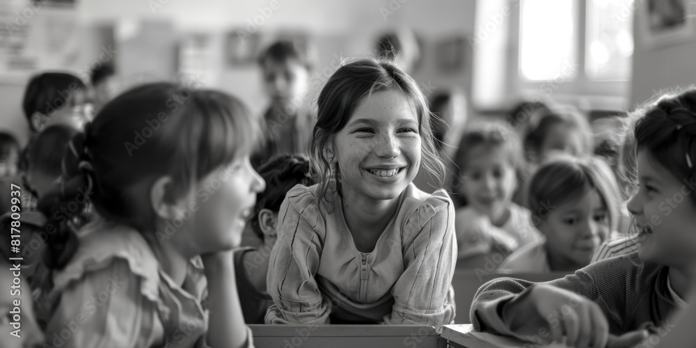 Poster group of children sitting at desks in a classroom. suitable for educational concepts