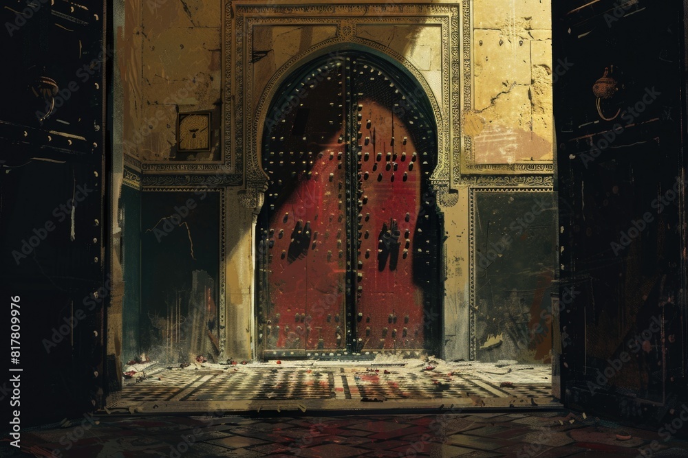 Poster A red door in an old building with a checkered floor. Suitable for architectural and interior design concepts
