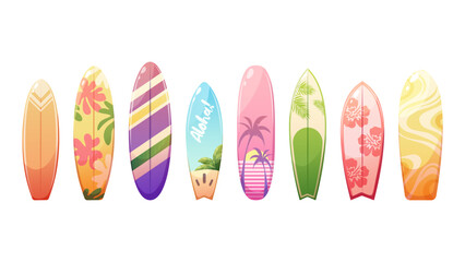 Set of colorful, hawaiian style surfboards. Vector summer elements for design