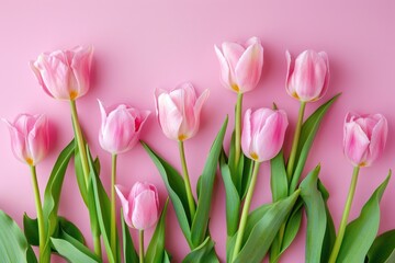 Fototapeta premium Beautiful pink tulips on a soft pink background. Perfect for spring and floral designs