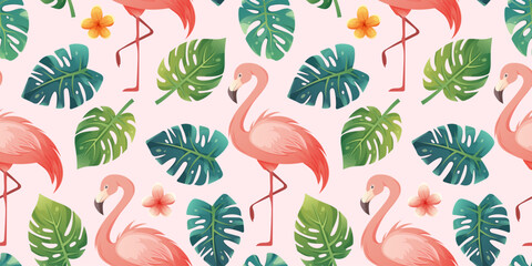 Seamless tropical pattern with monstera leaves, pink flamingo and flowers. Summer pattern in pink and green colors © Sonika