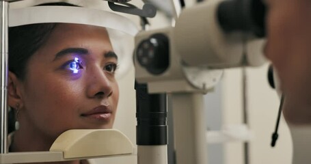 Vision, woman and eye test in office with light, medical practice for optical exam or consultation. Optometry, technology and ocular tonometry machine, female patient at professional ophthalmologist