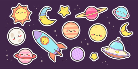 Set of kawaii space stickers. Vector illustration, doodles. Cute planets, sun, stars, moon, crescent moon