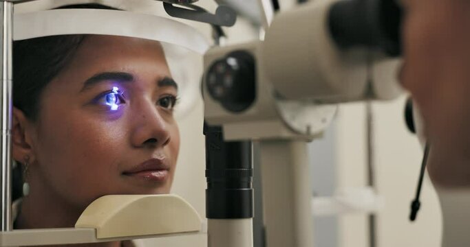Vision, woman and eye test in office with light, medical practice for optical exam or consultation. Optometry, technology and ocular tonometry machine, female patient at professional ophthalmologist