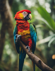 Obraz premium portrait of A vibrant parrot perched amidst the dense rainforest, echoing calls of the wild 