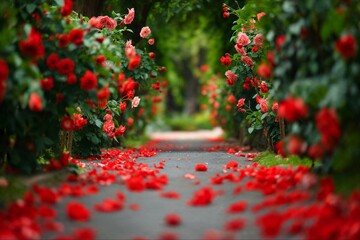 Pathway lined with lush red rose bushes