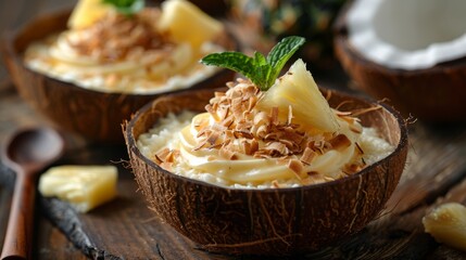 tropical coconut pudding, coconut pudding with toasted flakes pineapple in a coconut shell bowl is a refreshing tropical summer dessert