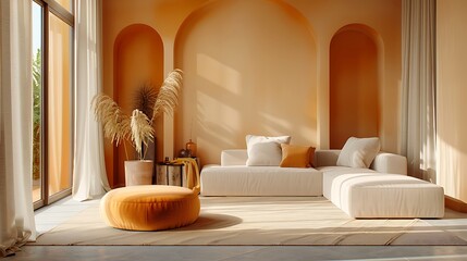 Modern living room with beige sofa, orange pouf and damask walls.