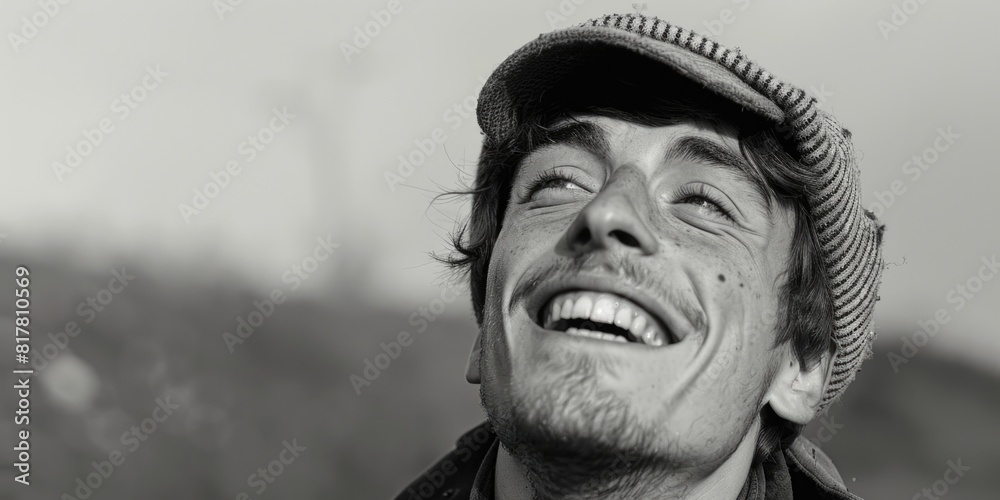 Poster a black and white photo of a smiling man. suitable for a variety of projects