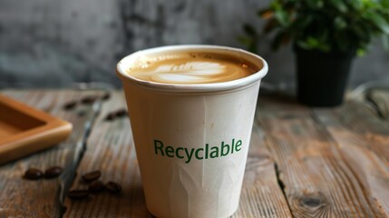 A disposable coffee takeaway cup featuring green text that reads Recyclable, emphasizing its eco-friendly and sustainable nature, perfect for environmentally conscious consumers.
