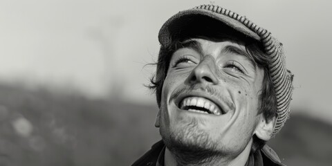 A black and white photo of a smiling man. Suitable for a variety of projects