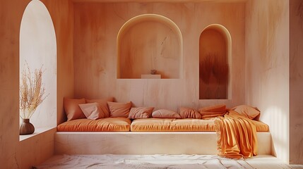 Cozy minimalist room with built-in sofa and orange accents