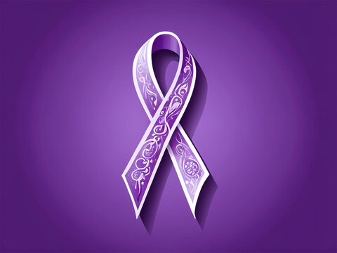3D-rendered awareness ribbon in shades of purple on solid background