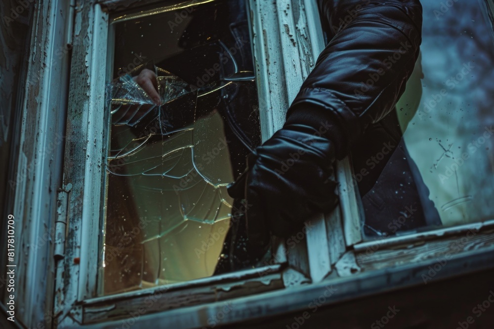 Poster Person in black jacket looking out of a broken window. Suitable for various concepts and themes