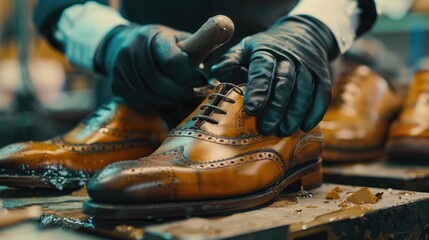 Detailed shot of shoes being crafted, ideal for fashion industry projects
