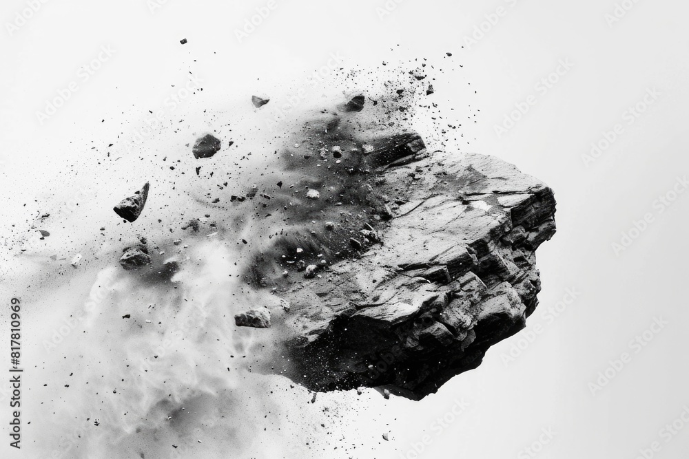 Poster a dramatic black and white photo of a rock exploding. perfect for illustrating power and destruction