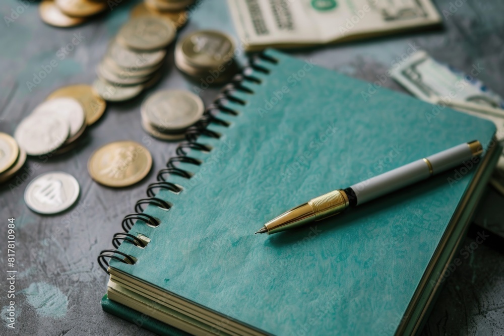 Leinwandbilder a notebook with a pen on top of a pile of money. suitable for financial and business concepts
