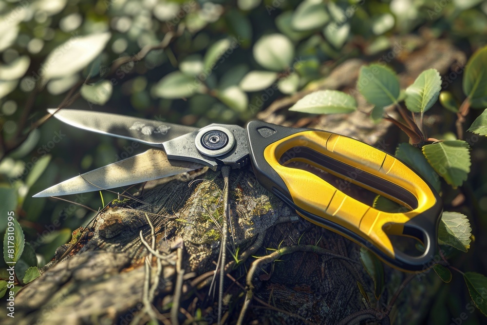 Aufkleber Scissors placed on a tree stump, versatile image for various projects