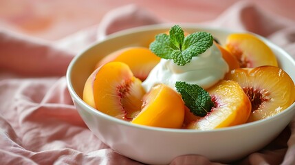 Fresh peach dessert with whipped cream and mint garnish