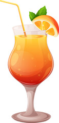 Summer cocktail on the beach. Glass of drink with orange, mint and straw. Isolated vector icon