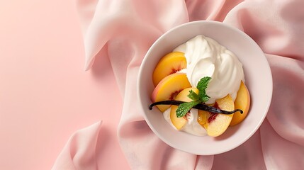 Peach dessert with whipped cream, vanilla bean, and mint leaves