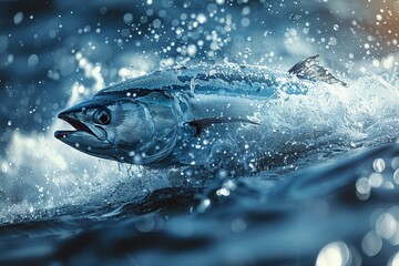 Fototapeta premium Swordfish leaping out of the ocean, ideal for seafood restaurant promotions. 