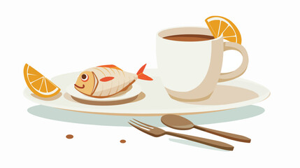 Coffee cup and fish on plate. Served dish meal.