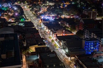 Night time aerial view of Adelaide City's East End Unleashed event with on-street dining and...