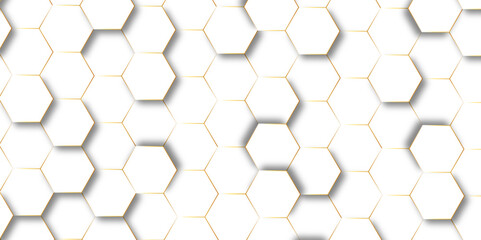 Abstract hexagon background Futuristic concept honeycomb mosaic white and golden background. Surface polygon pattern with glowing hexagon paper texture and futuristic business graphic design.