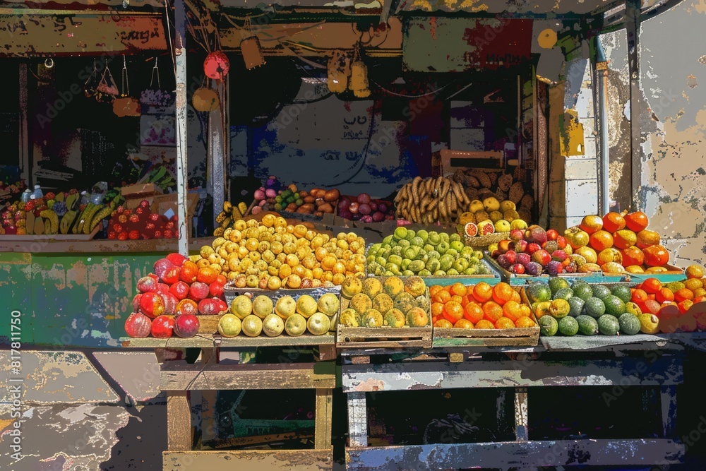 Poster a colorful display of various fruits at a market. ideal for food and health-related projects