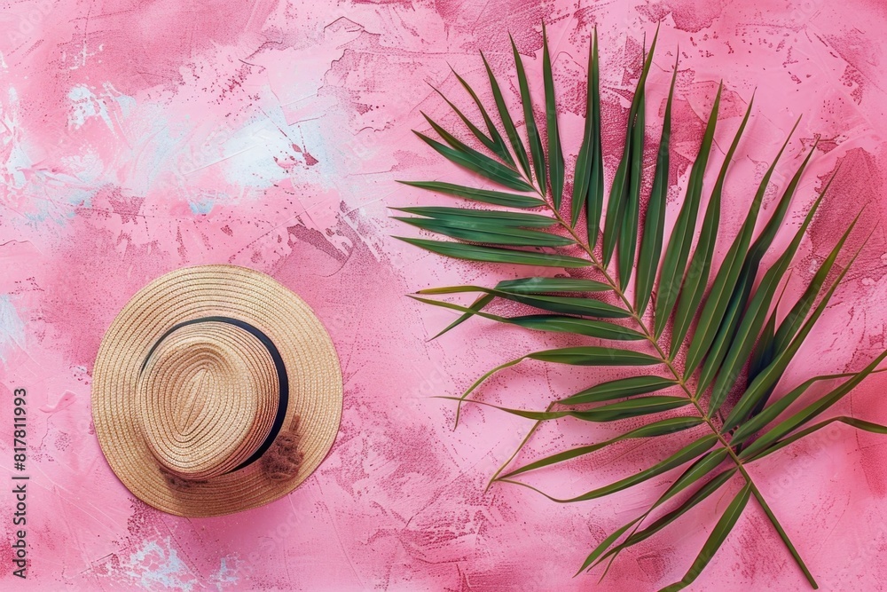 Sticker A stylish straw hat and a vibrant palm leaf on a soft pink backdrop. Perfect for summer fashion concepts