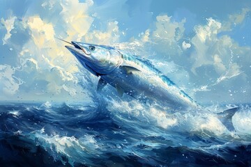 Fototapeta premium Swordfish leaping out of the ocean, ideal for seafood restaurant promotions. 