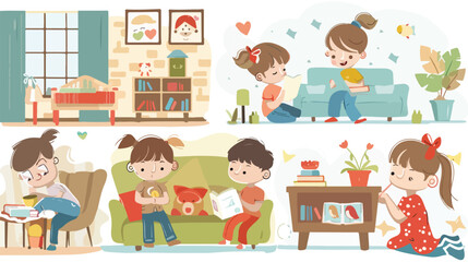 Collage of cute little children at home Vector style