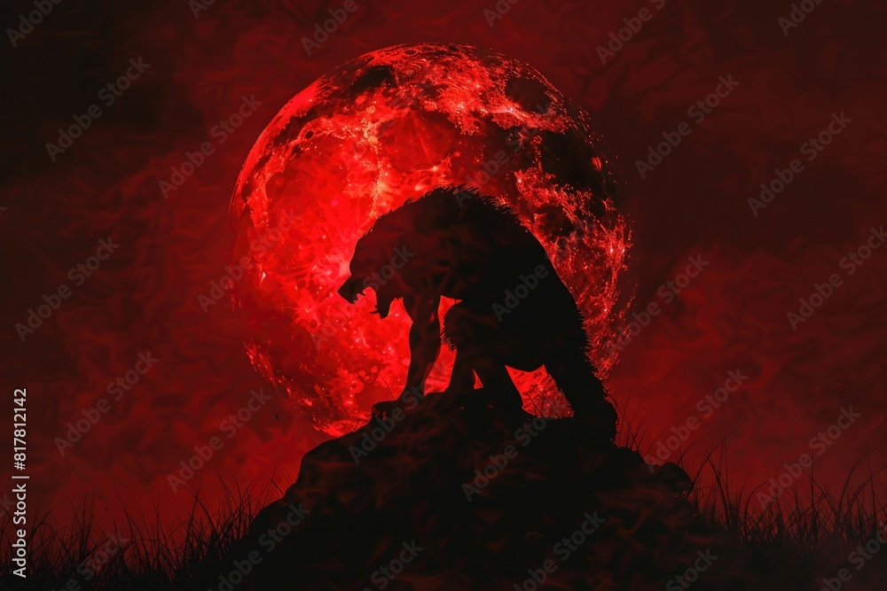 Poster silhouette of a person standing on a rock under a full moon. suitable for nature and mystical themes