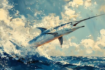 Naklejka premium Swordfish leaping out of the ocean, ideal for seafood restaurant promotions. 